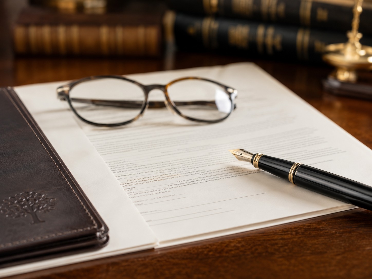 Legal documents, glasses, and pen on a law office desk
